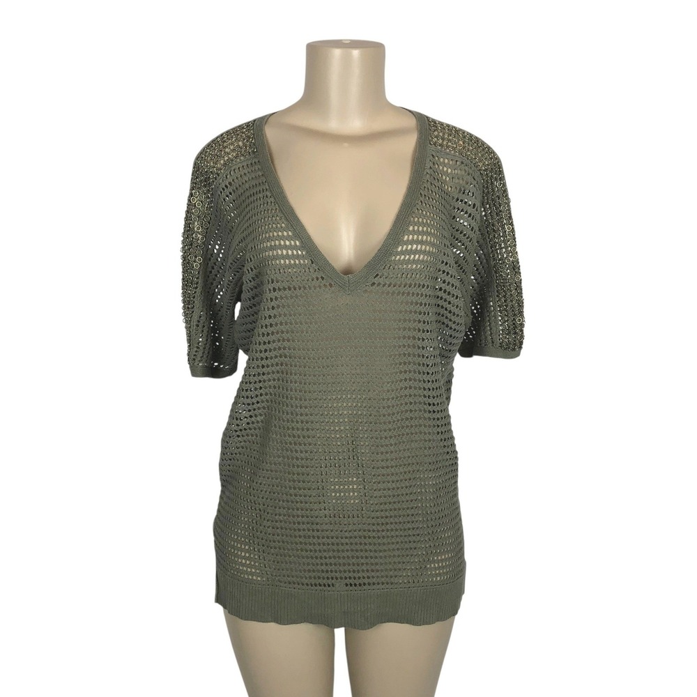 Chicos Olive Green Open Knit V-Neck Studded Sweater Top Size 1 Medium Y2K Beachy